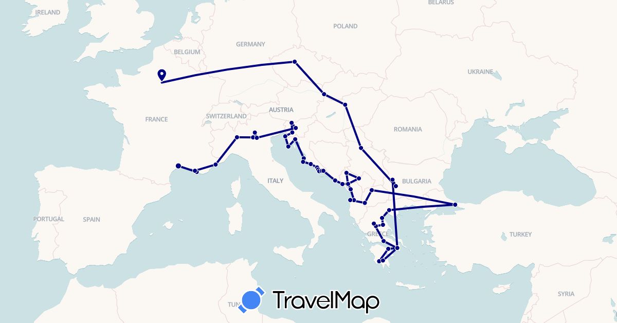 TravelMap itinerary: driving in Albania, Bulgaria, Czech Republic, France, Greece, Croatia, Hungary, Italy, Montenegro, Macedonia, Serbia, Slovenia, Slovakia, Turkey (Asia, Europe)